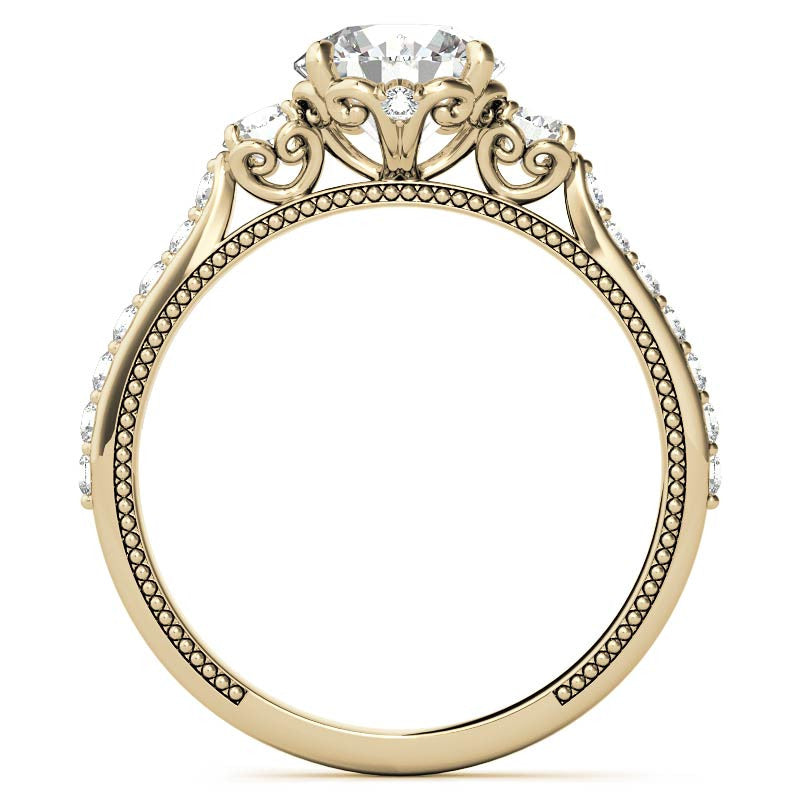 Round 3-Stone Scroll Design Moissanite Engagement Ring with Milgrain