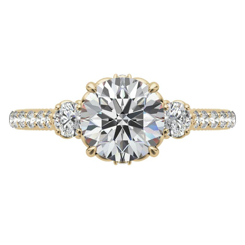 Round 3-Stone Scroll Design Moissanite Engagement Ring with Milgrain