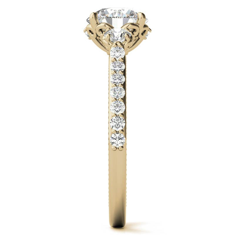 Round 3-Stone Scroll Design Moissanite Engagement Ring with Milgrain