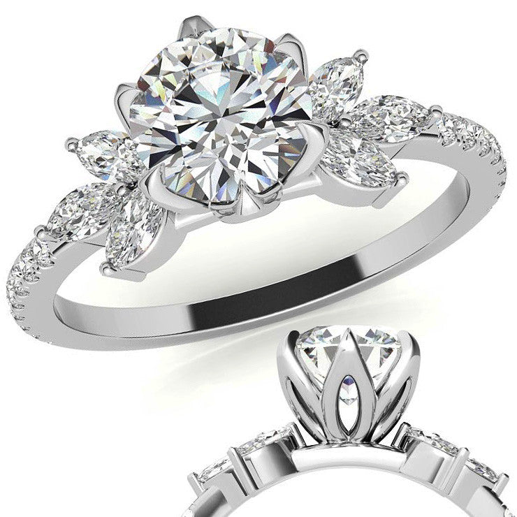 Round and Marquise Accented Moissanite Engagement Ring with Tulip