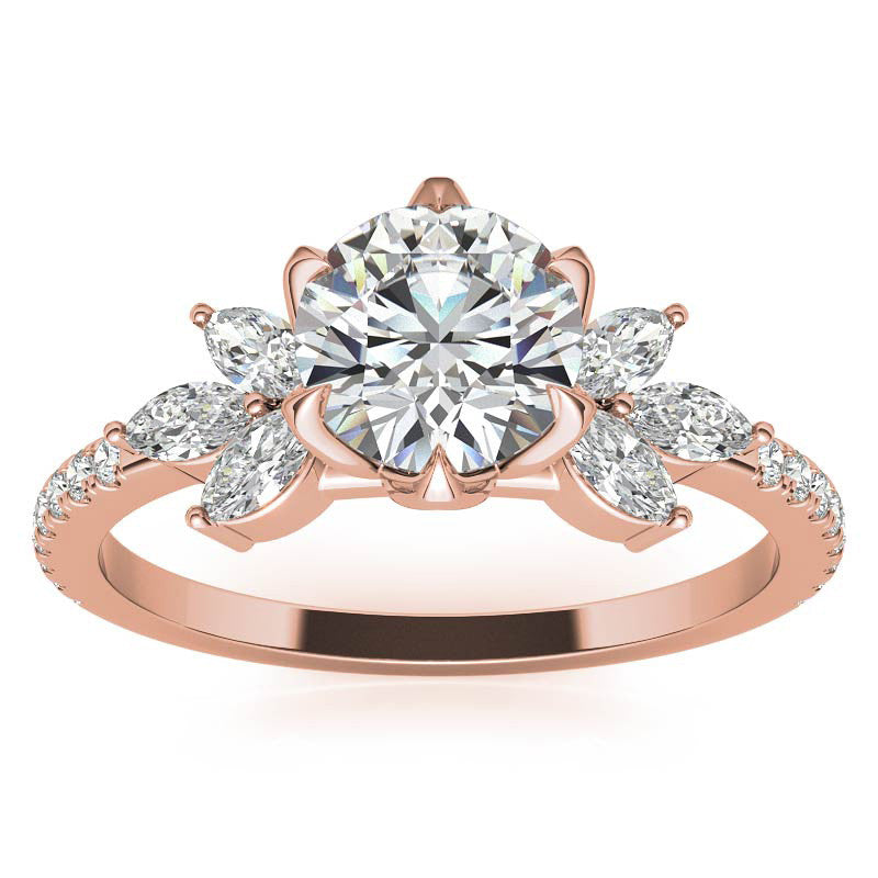Round and Marquise Accented Moissanite Engagement Ring with Tulip