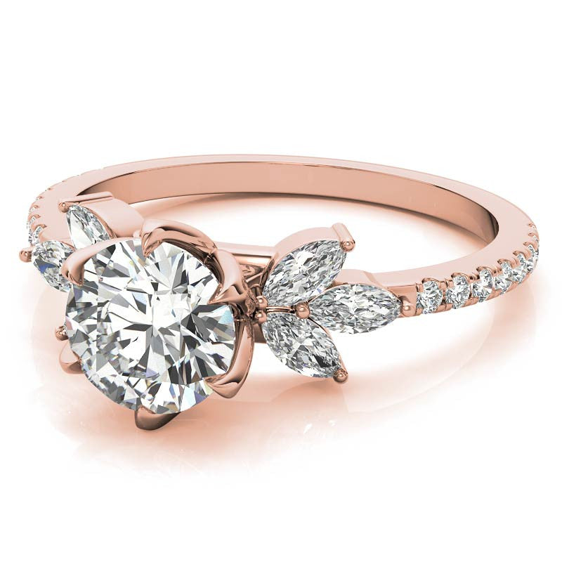 Round and Marquise Accented Moissanite Engagement Ring with Tulip