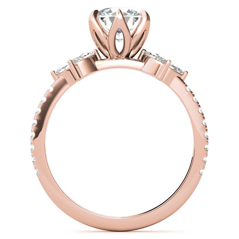 Round and Marquise Accented Moissanite Engagement Ring with Tulip