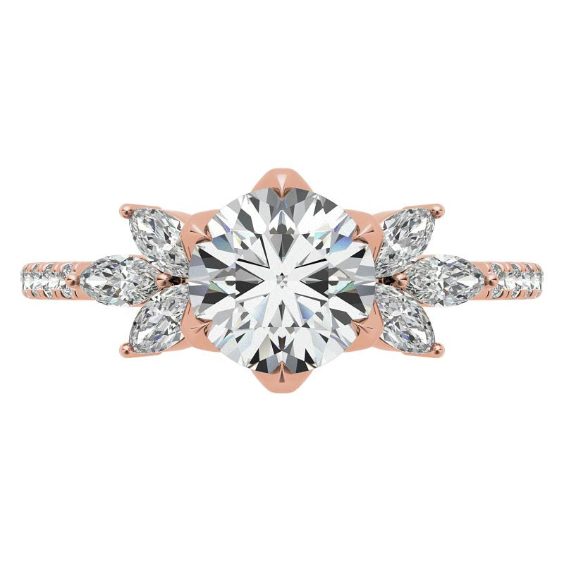 Round and Marquise Accented Moissanite Engagement Ring with Tulip