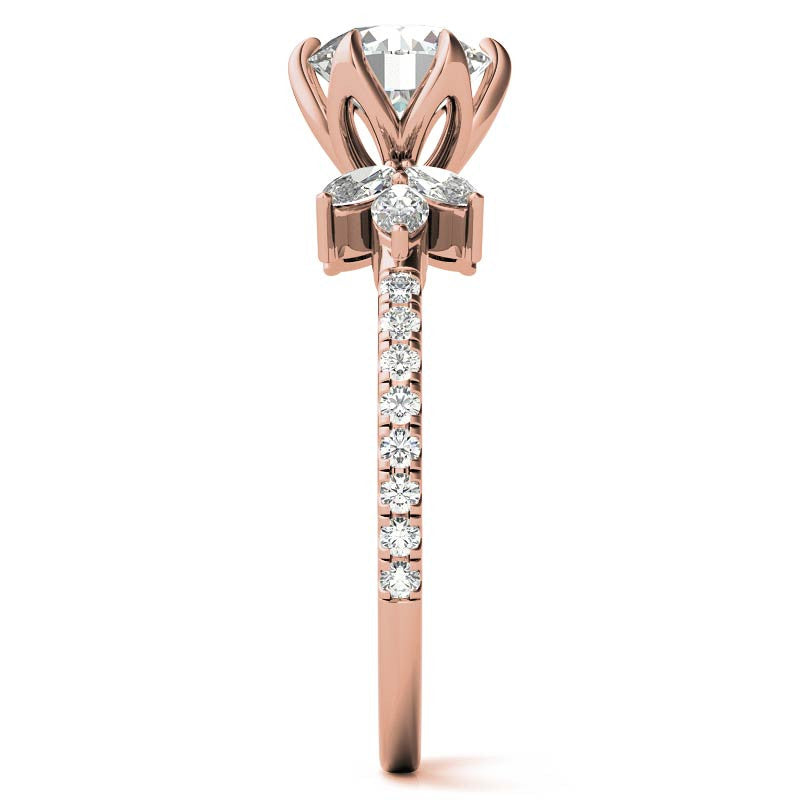Round and Marquise Accented Moissanite Engagement Ring with Tulip