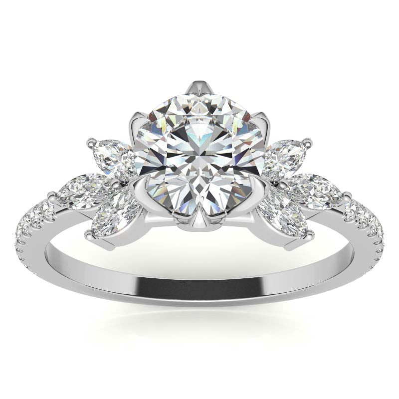 Round and Marquise Accented Moissanite Engagement Ring with Tulip