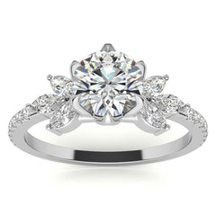 Round and Marquise Accented Moissanite Engagement Ring with Tulip