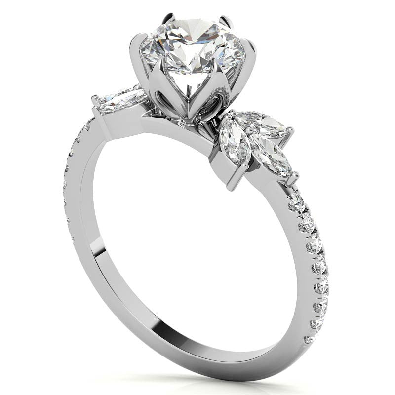 Round and Marquise Accented Moissanite Engagement Ring with Tulip