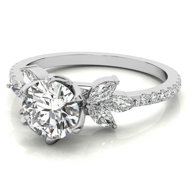 Round and Marquise Accented Moissanite Engagement Ring with Tulip