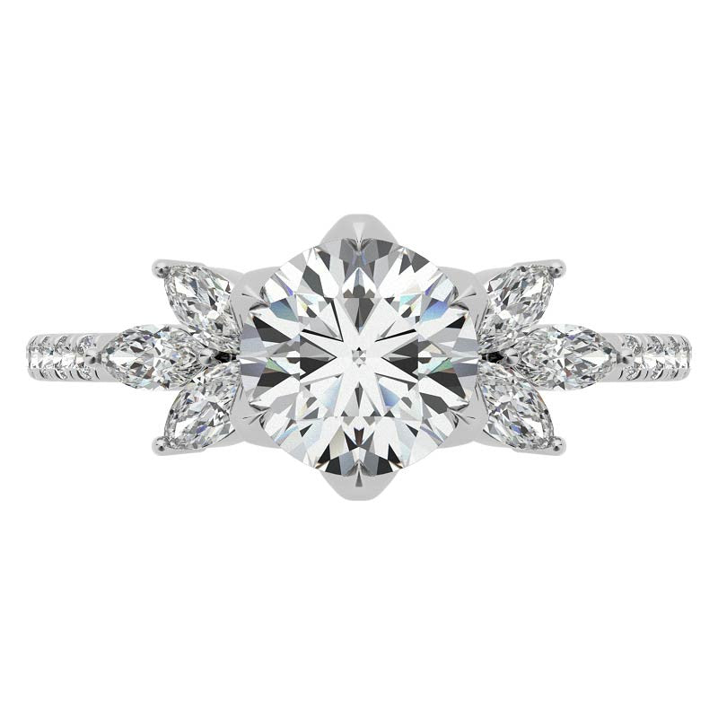 Round and Marquise Accented Moissanite Engagement Ring with Tulip