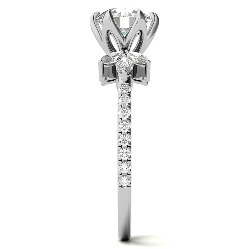 Round and Marquise Accented Moissanite Engagement Ring with Tulip