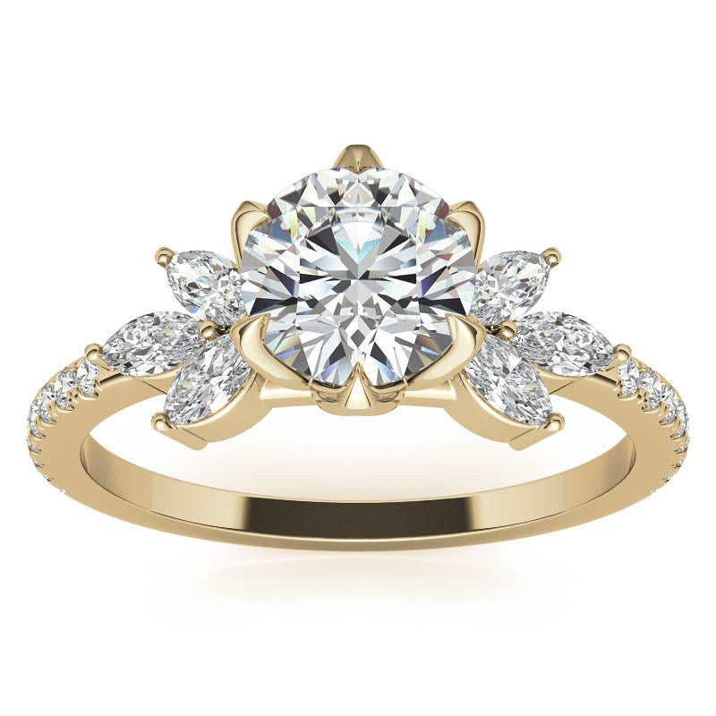 Round and Marquise Accented Moissanite Engagement Ring with Tulip