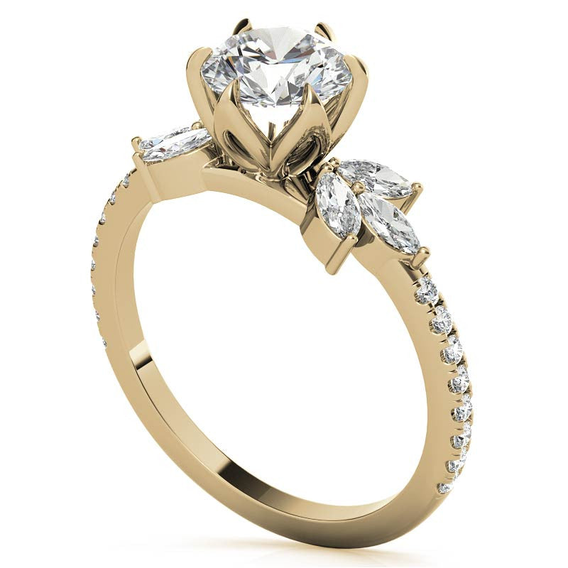 Round and Marquise Accented Moissanite Engagement Ring with Tulip