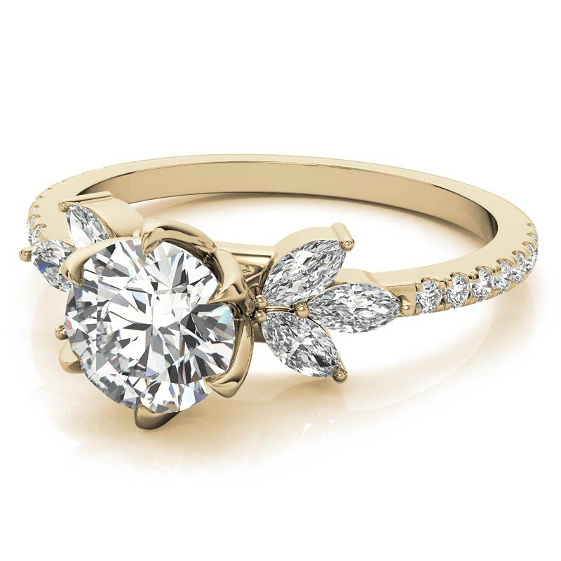 Round and Marquise Accented Moissanite Engagement Ring with Tulip