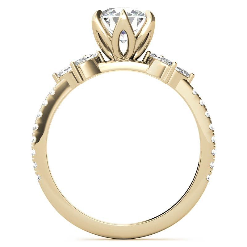 Round and Marquise Accented Moissanite Engagement Ring with Tulip