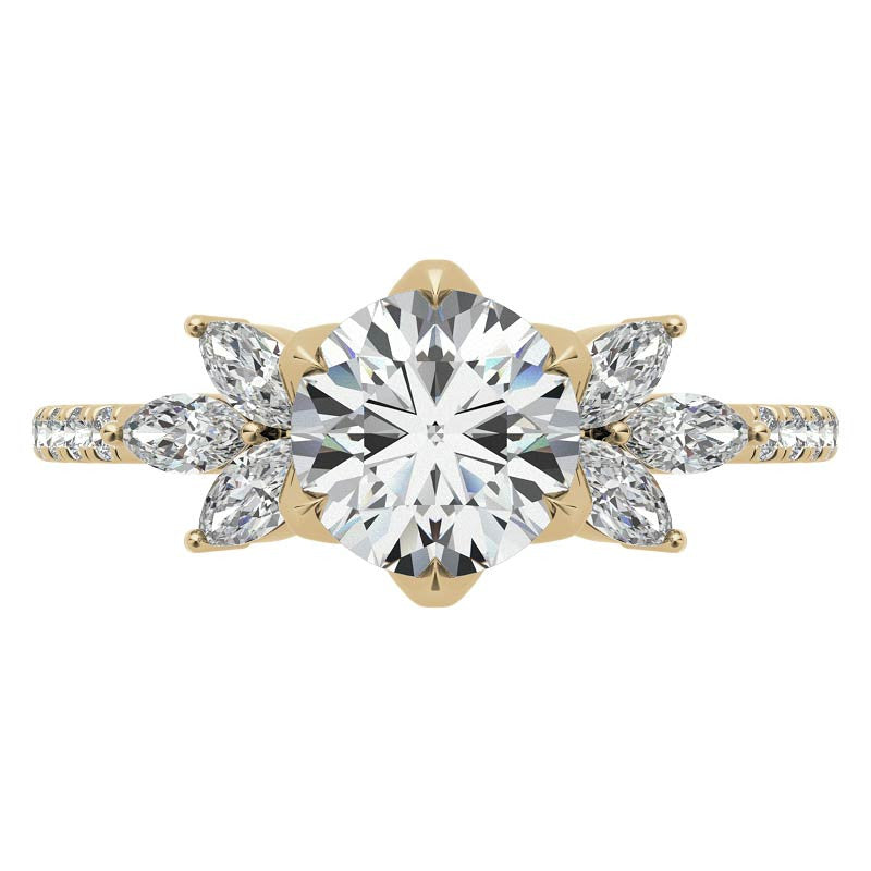 Round and Marquise Accented Moissanite Engagement Ring with Tulip