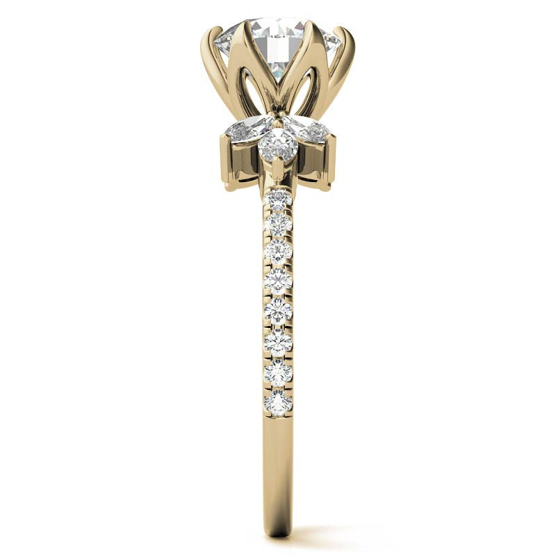 Round and Marquise Accented Moissanite Engagement Ring with Tulip
