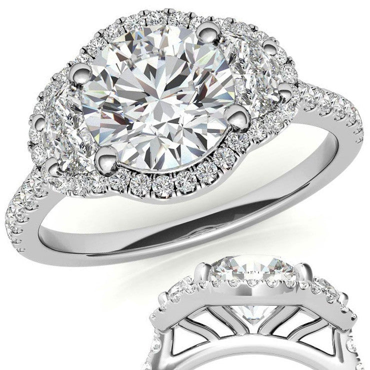 Round Half Moon Halo Moissanite Engagement Ring