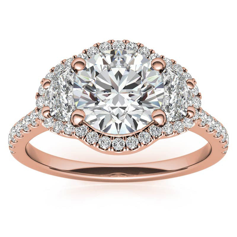 Round Half Moon Halo Moissanite Engagement Ring