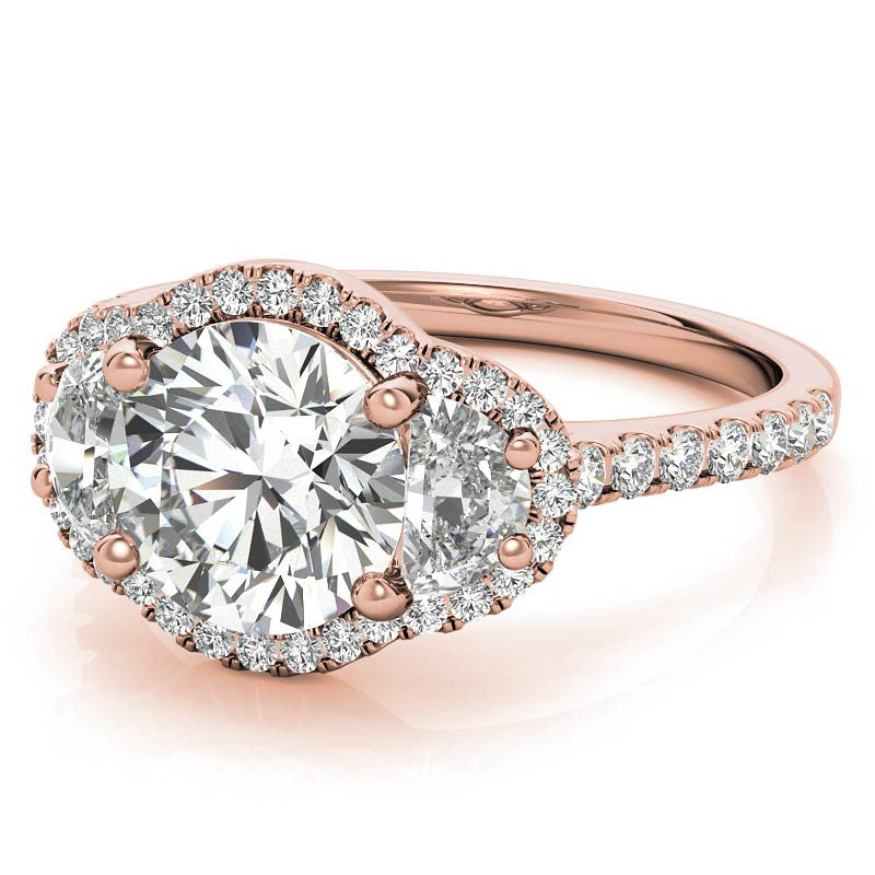 Round Half Moon Halo Moissanite Engagement Ring