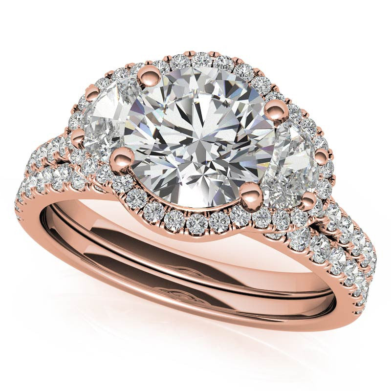 Round Half Moon Halo Moissanite Engagement Ring