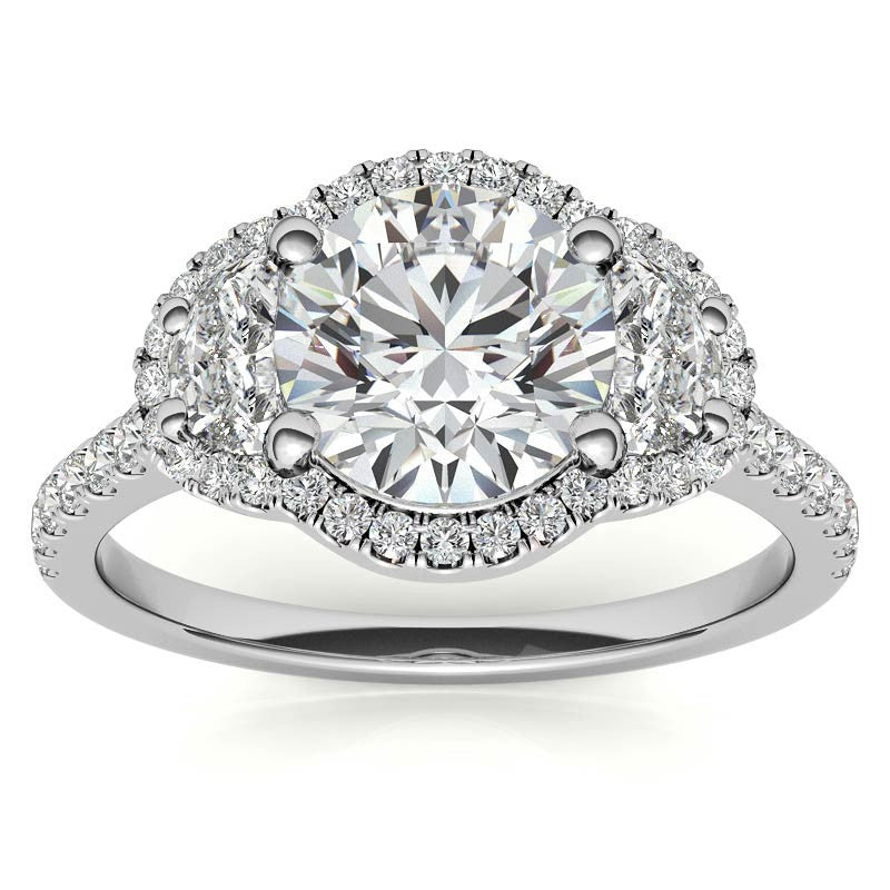 Round Half Moon Halo Moissanite Engagement Ring