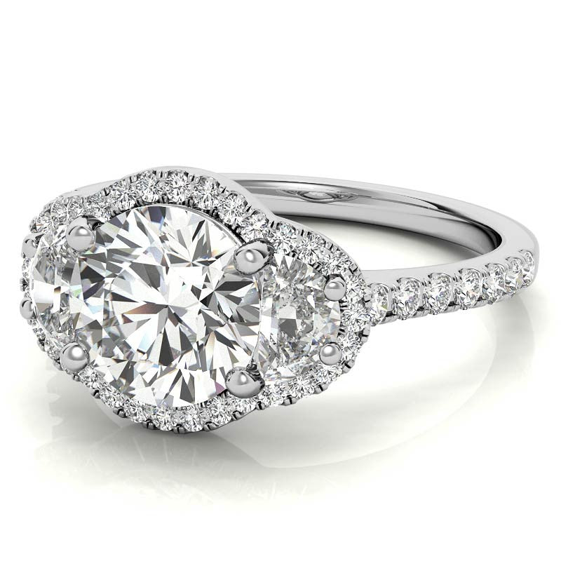Round Half Moon Halo Moissanite Engagement Ring