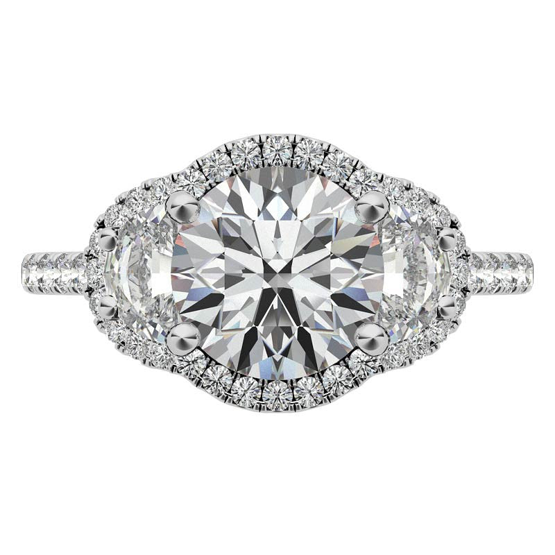 Round Half Moon Halo Moissanite Engagement Ring