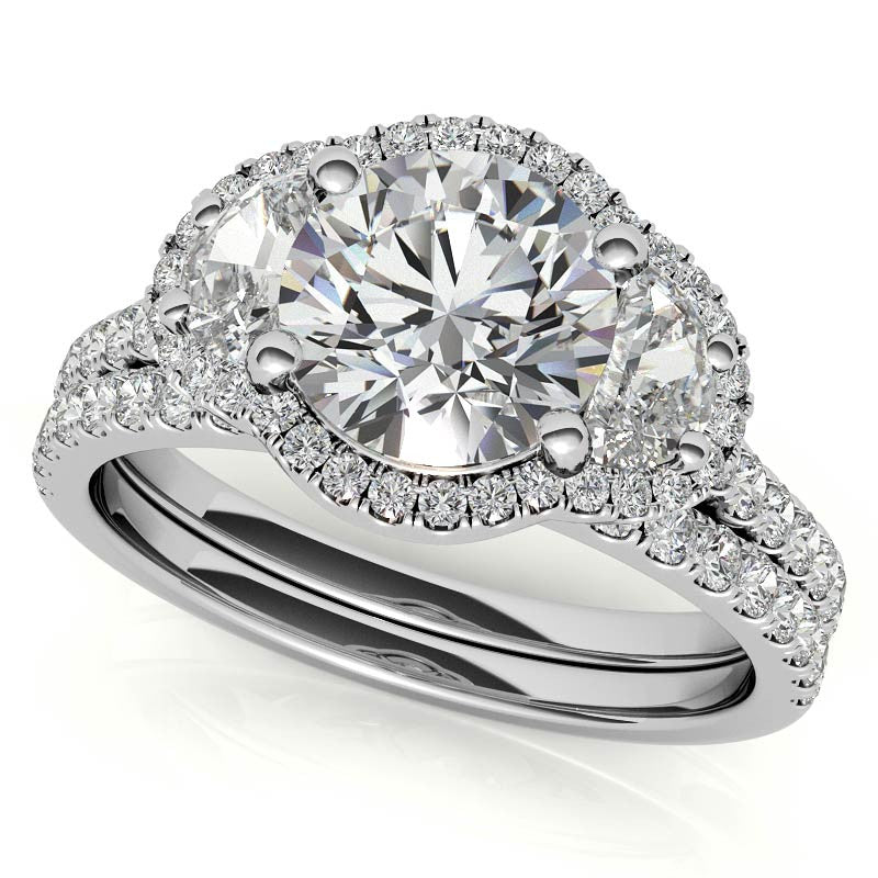 Round Half Moon Halo Moissanite Engagement Ring