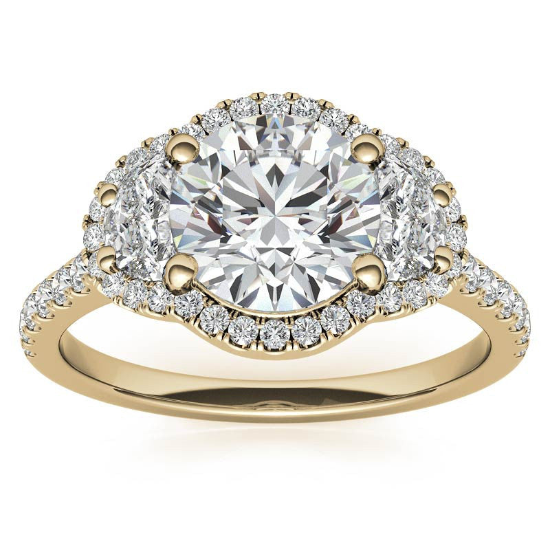 Round Half Moon Halo Moissanite Engagement Ring
