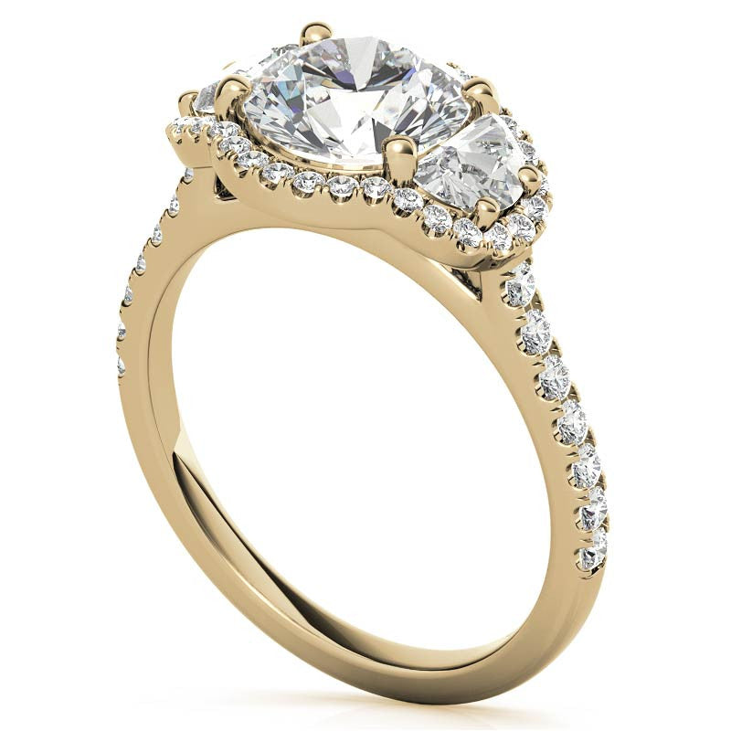 Round Half Moon Halo Moissanite Engagement Ring