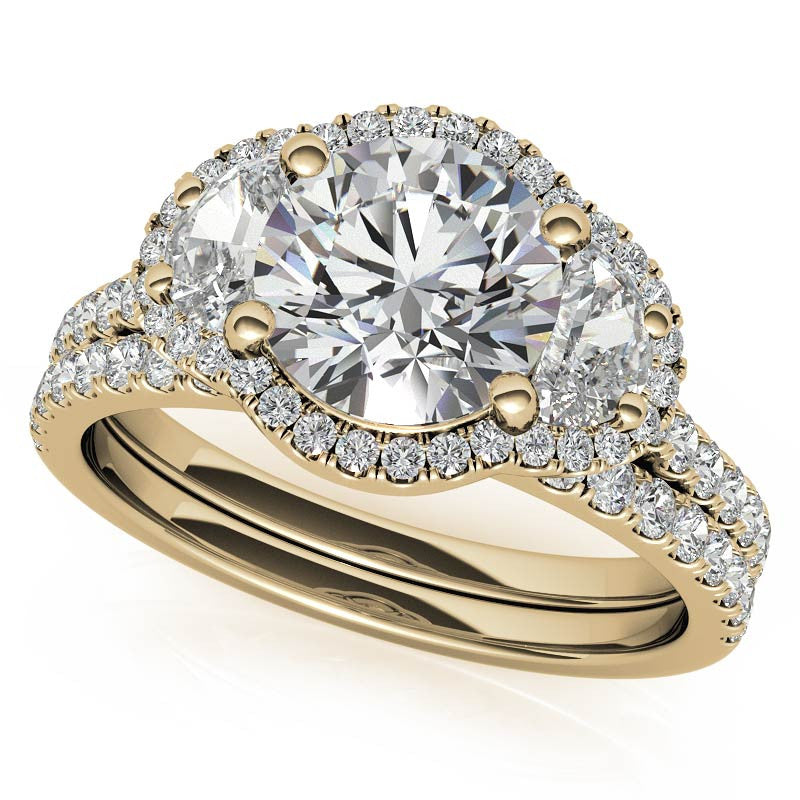 Round Half Moon Halo Moissanite Engagement Ring