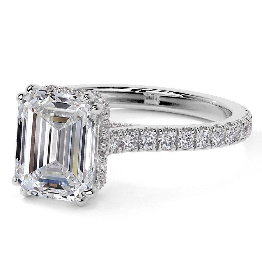 Emerald / Radiant Hidden Halo Moissanite Engagement Ring