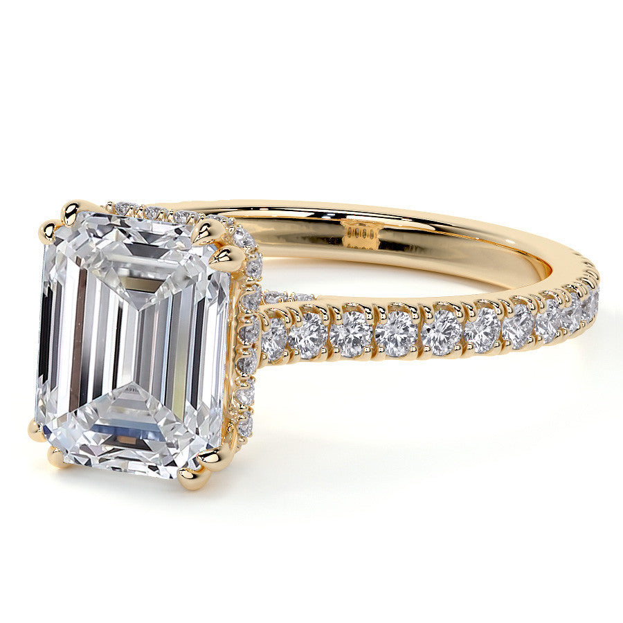 Emerald / Radiant Hidden Halo Moissanite Engagement Ring