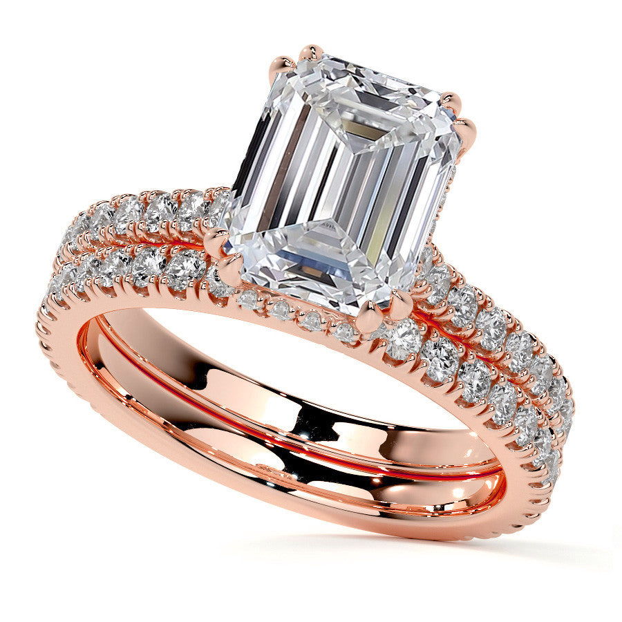 Emerald / Radiant Hidden Halo Moissanite Engagement Ring