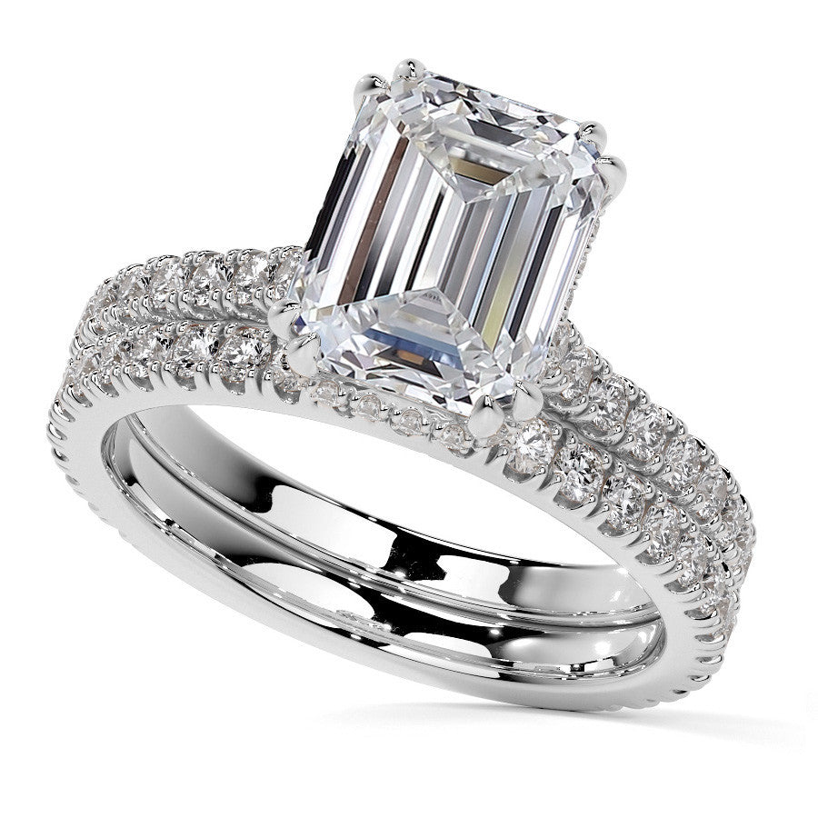 Emerald / Radiant Hidden Halo Moissanite Engagement Ring