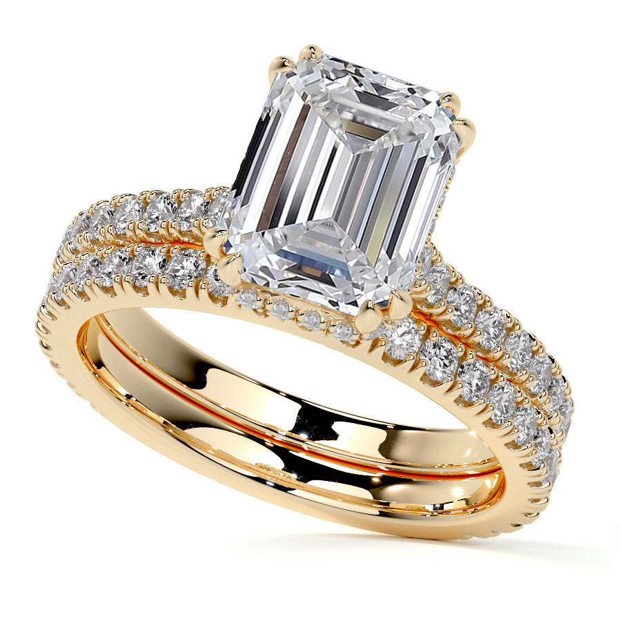 Emerald / Radiant Hidden Halo Moissanite Engagement Ring