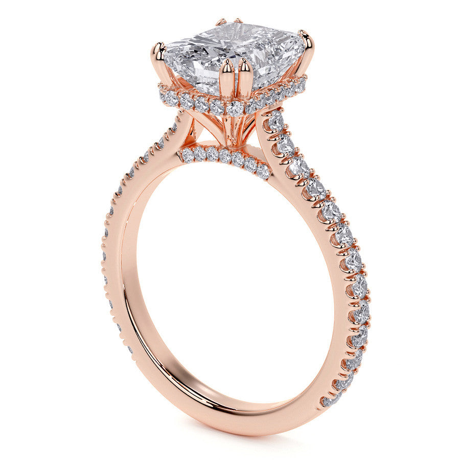 Emerald / Radiant Hidden Halo Moissanite Engagement Ring