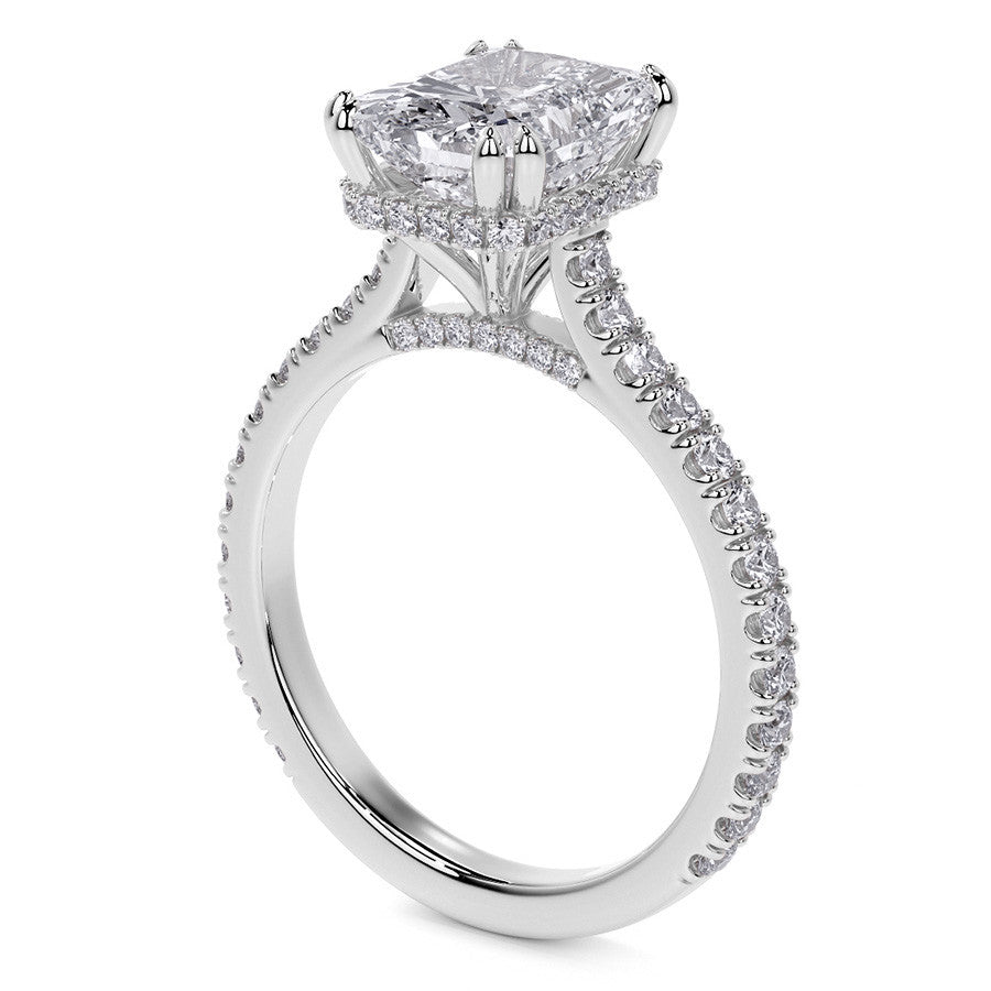 Emerald / Radiant Hidden Halo Moissanite Engagement Ring