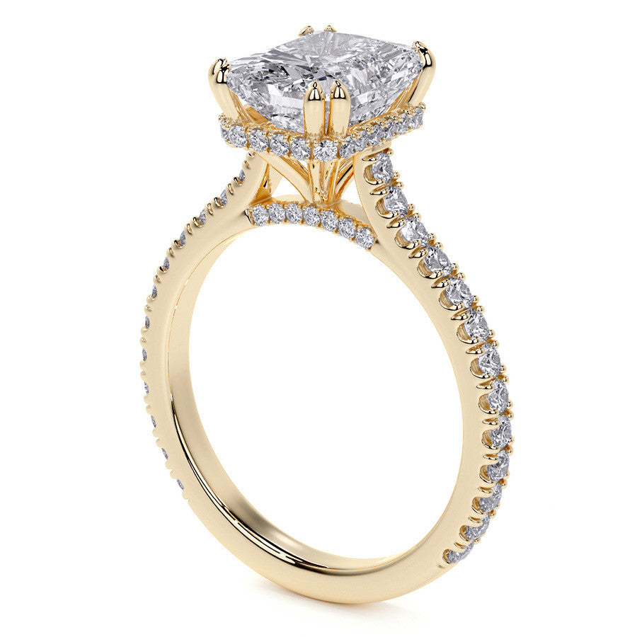 Emerald / Radiant Hidden Halo Moissanite Engagement Ring
