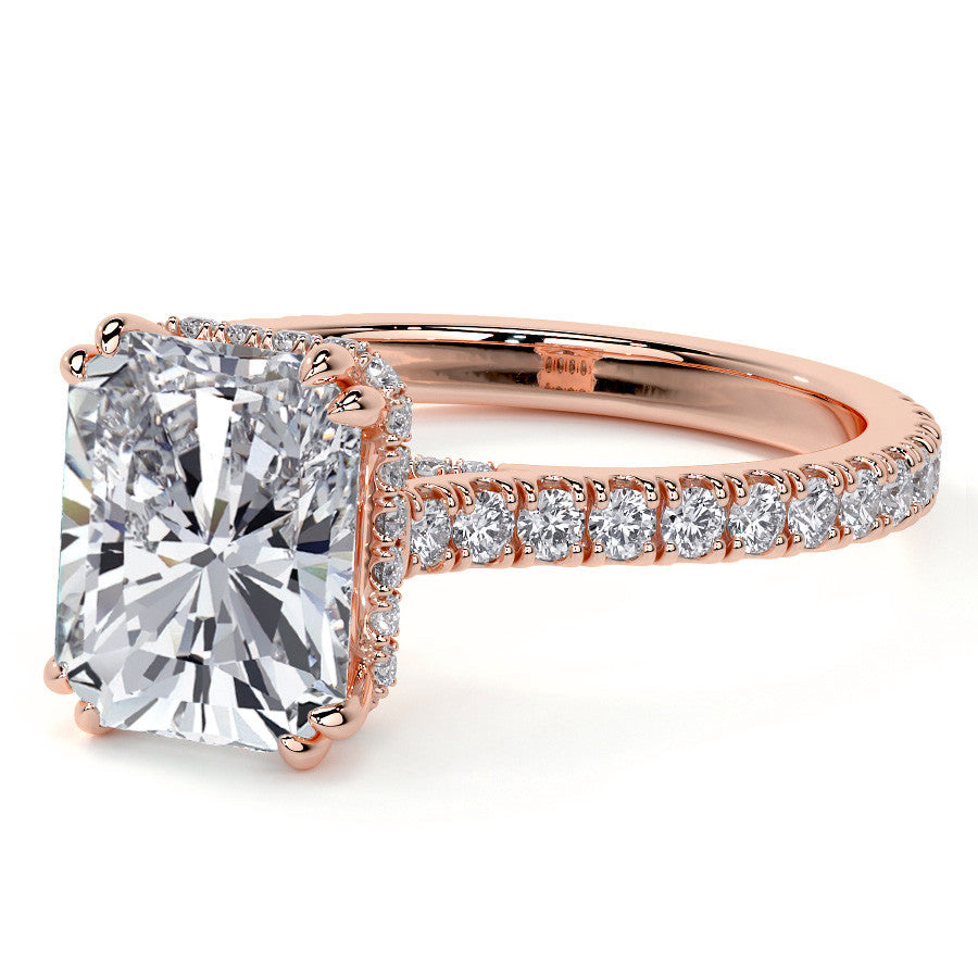 Emerald / Radiant Hidden Halo Moissanite Engagement Ring