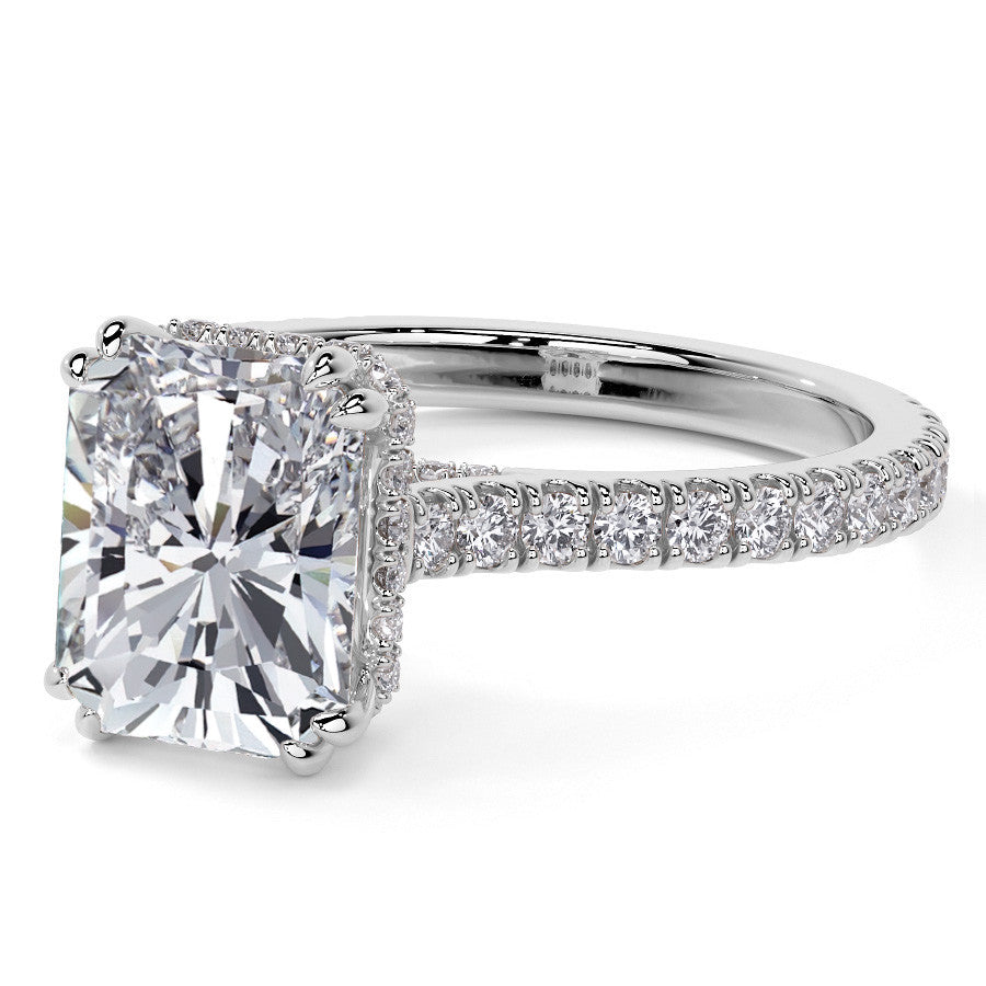 Emerald / Radiant Hidden Halo Moissanite Engagement Ring