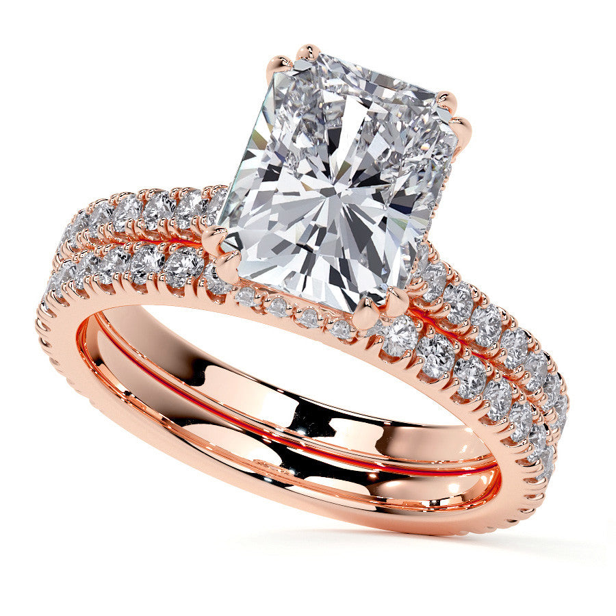 Emerald / Radiant Hidden Halo Moissanite Engagement Ring