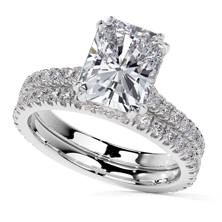 Emerald / Radiant Hidden Halo Moissanite Engagement Ring
