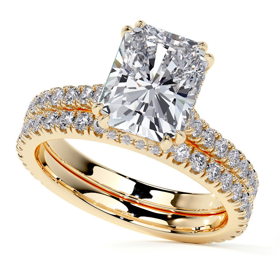 Emerald / Radiant Hidden Halo Moissanite Engagement Ring