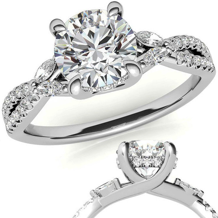 Round and Marquise Accented Trellis Split Shank Moissanite Engagement Ring