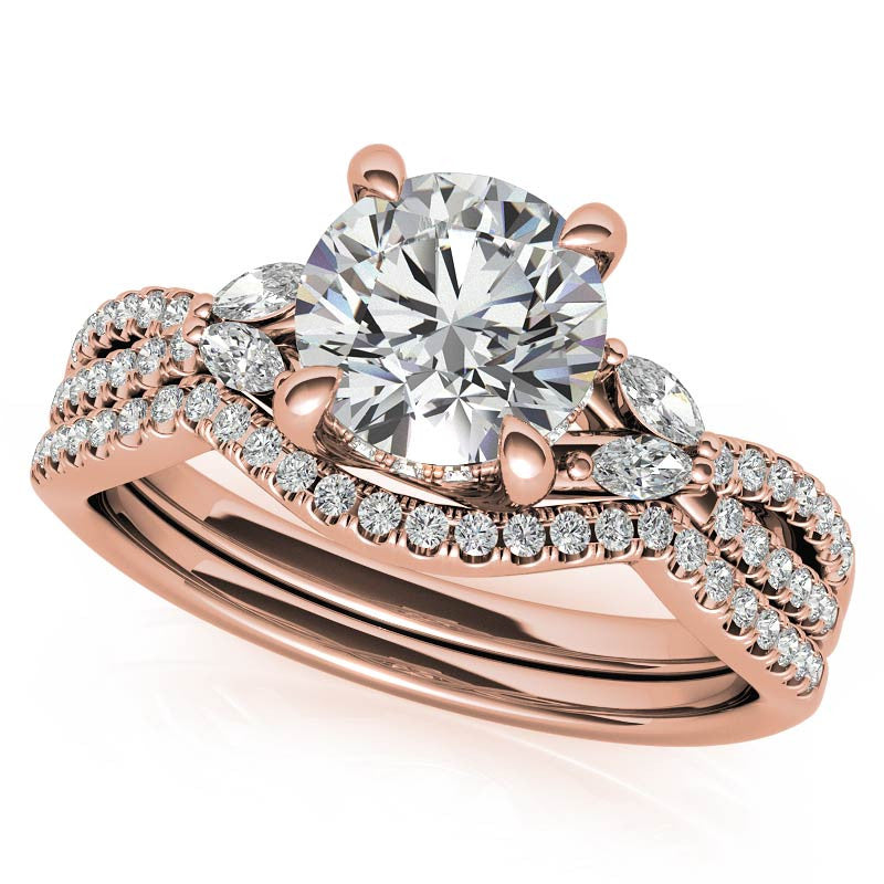 Round and Marquise Accented Trellis Split Shank Moissanite Engagement Ring
