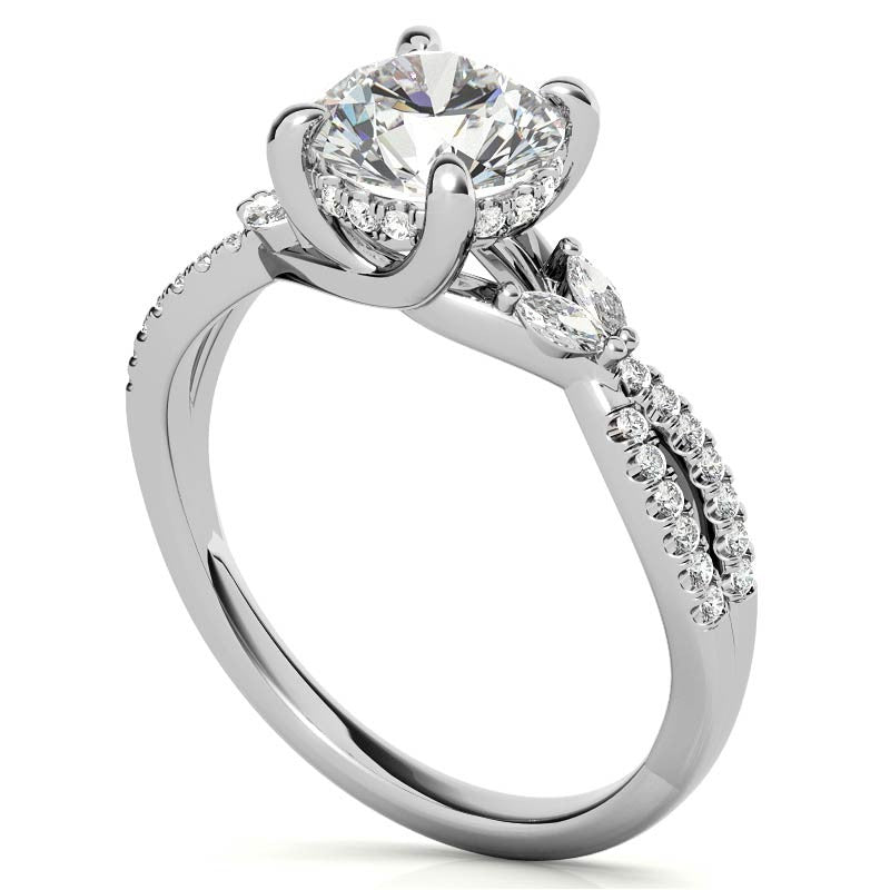 Round and Marquise Accented Trellis Split Shank Moissanite Engagement Ring