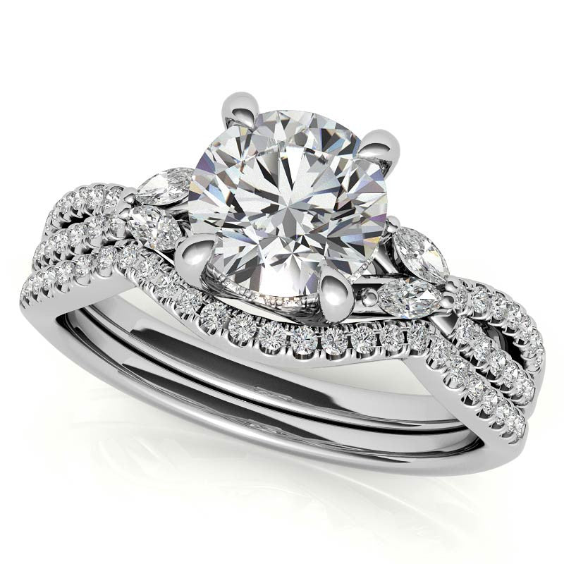 Round and Marquise Accented Trellis Split Shank Moissanite Engagement Ring