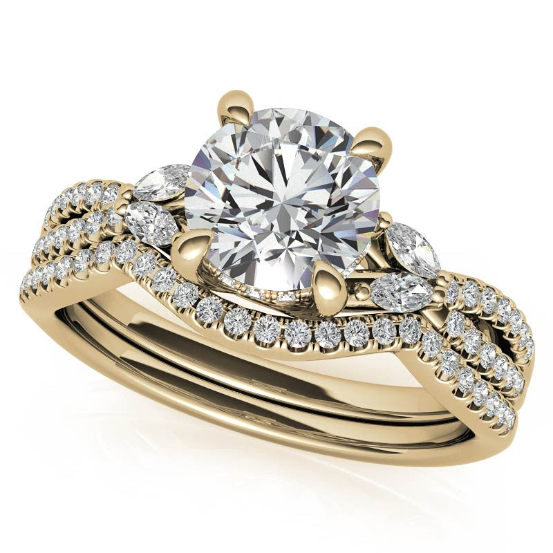 Round and Marquise Accented Trellis Split Shank Moissanite Engagement Ring